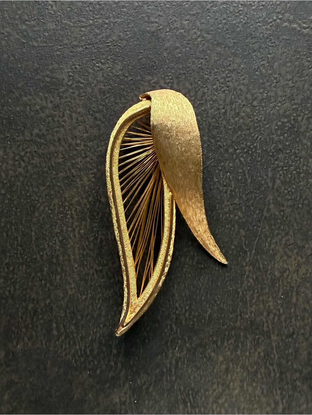 Vintage Mid Century Gold Leaf Brooch Brushed Metal Textured Design - Monet